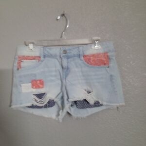Lei Blue and Orange Jean Shorts with Distressed Details
